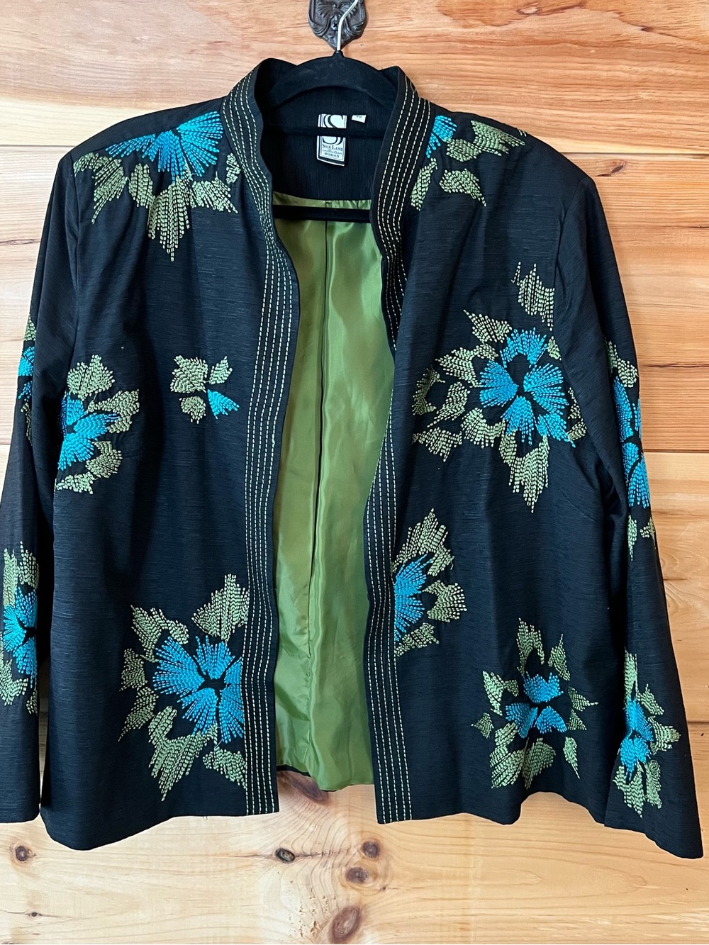 SilkLand Vintage Black Open-Front Silk Jacket w/Teal & Olive Floral Embroidery